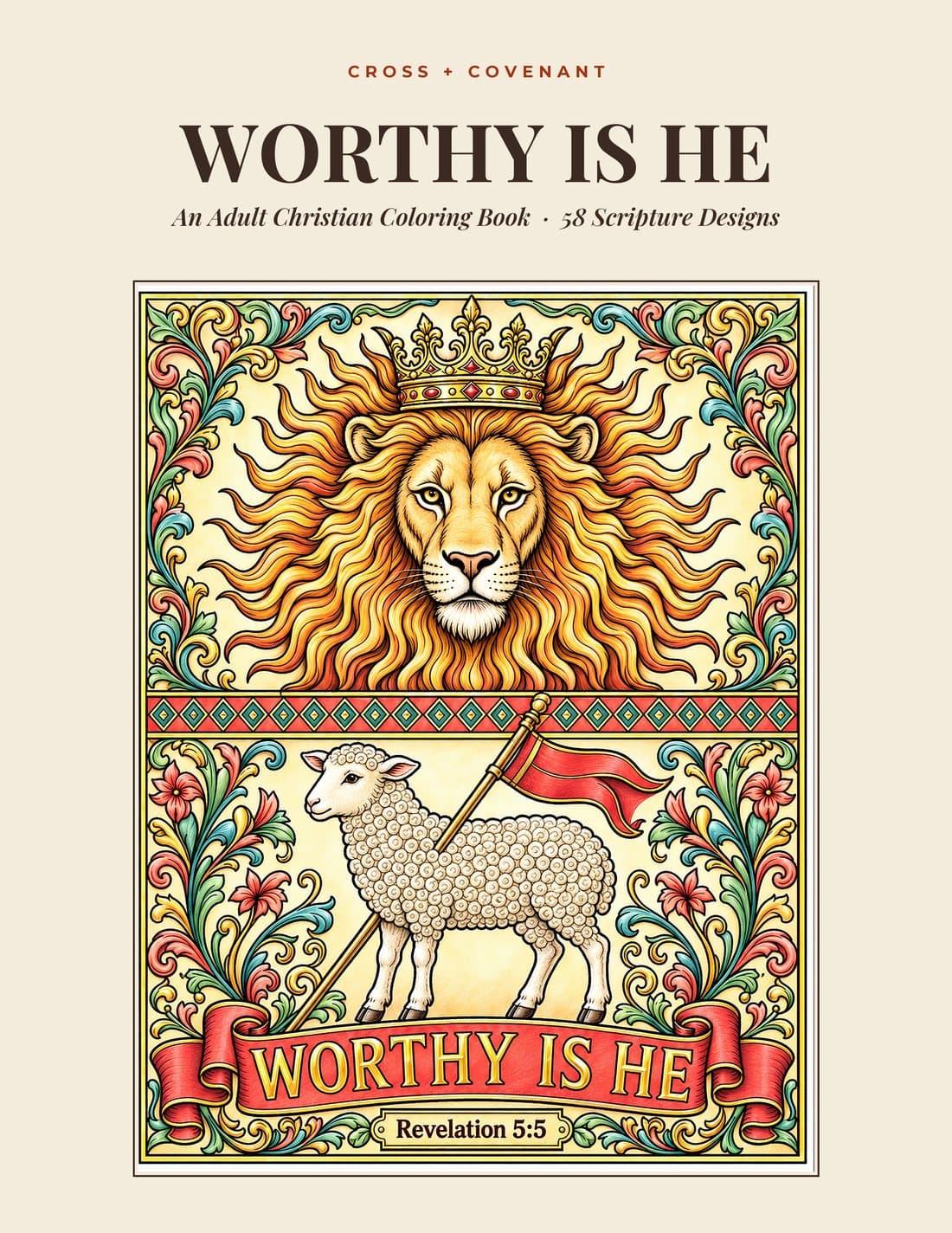 The cover of Worthy Is He, a Cross + Covenant adult coloring book, showing the Lion and the Lamb colored in coral and gold