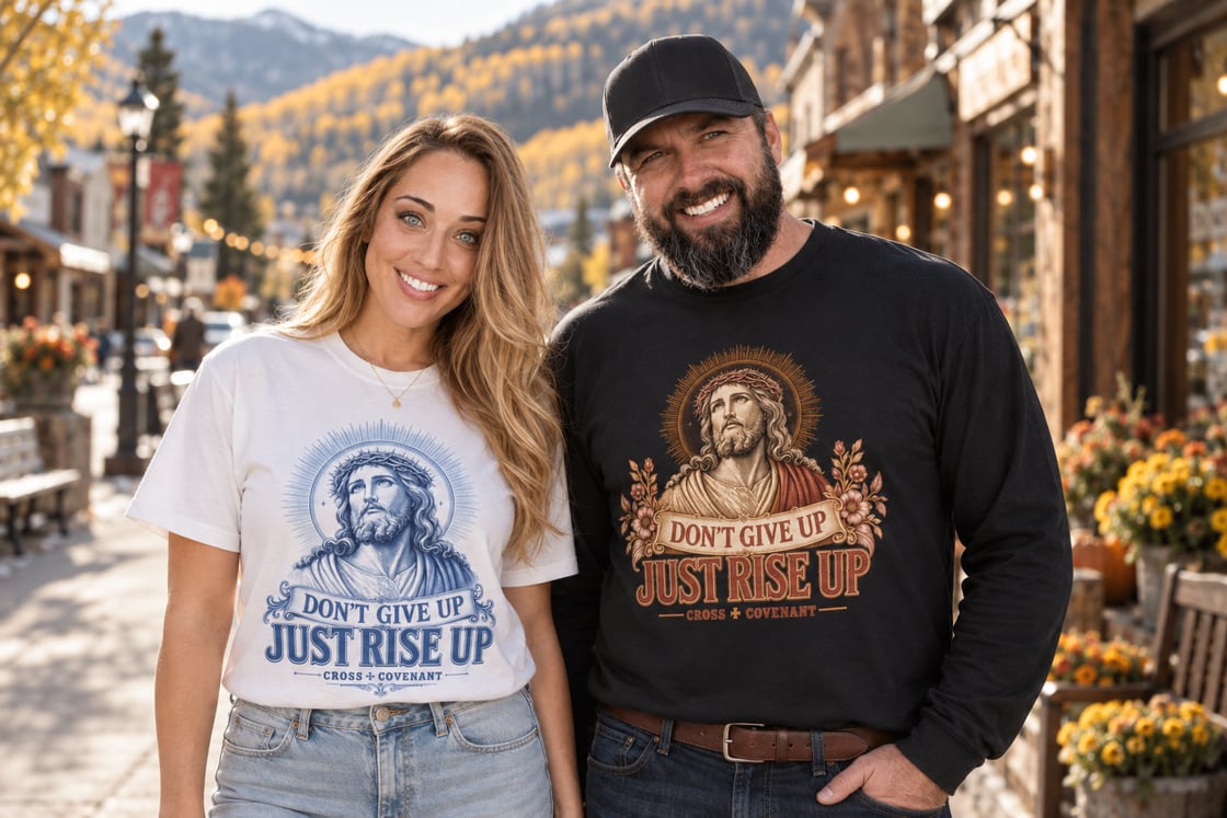 Sarah in the white Rise Up tee and Anthony in the black Rise Up long sleeve on a mountain-town main street